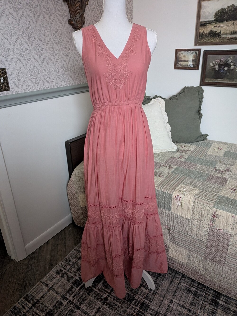 Lucky Brand 100% Cotton Dusty Rose Embroidered Tiered Cottagecore Maxi Dress XS